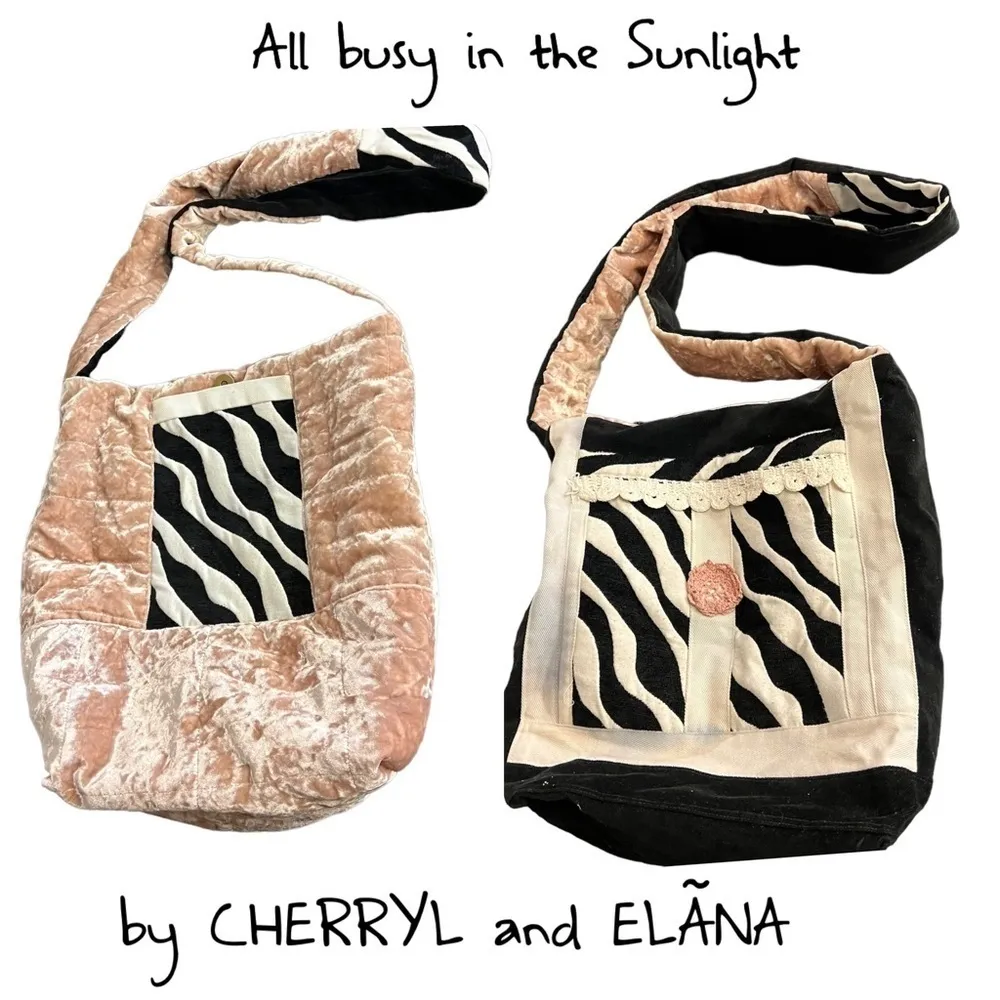 Velour Double sided crossbody Bag, boho chic,zebra print, lace accent Black - Image 2