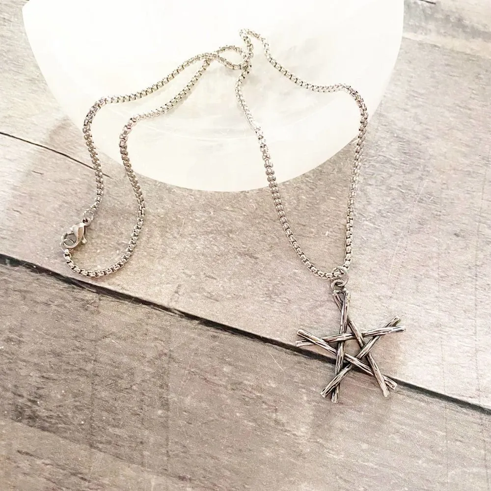 Stainless Steel Rustic Sticks Pentagram Pendant Necklace Silver - Image 2