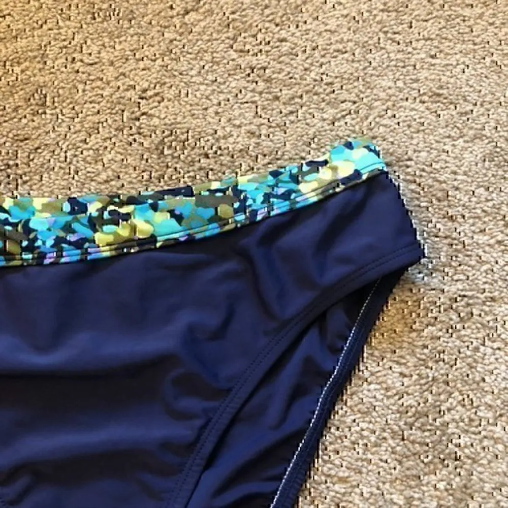 NWOT 24TH OCEAN Navy Blue Green Printed High Waisted Waist Bikini Bottom Large L - Image 3