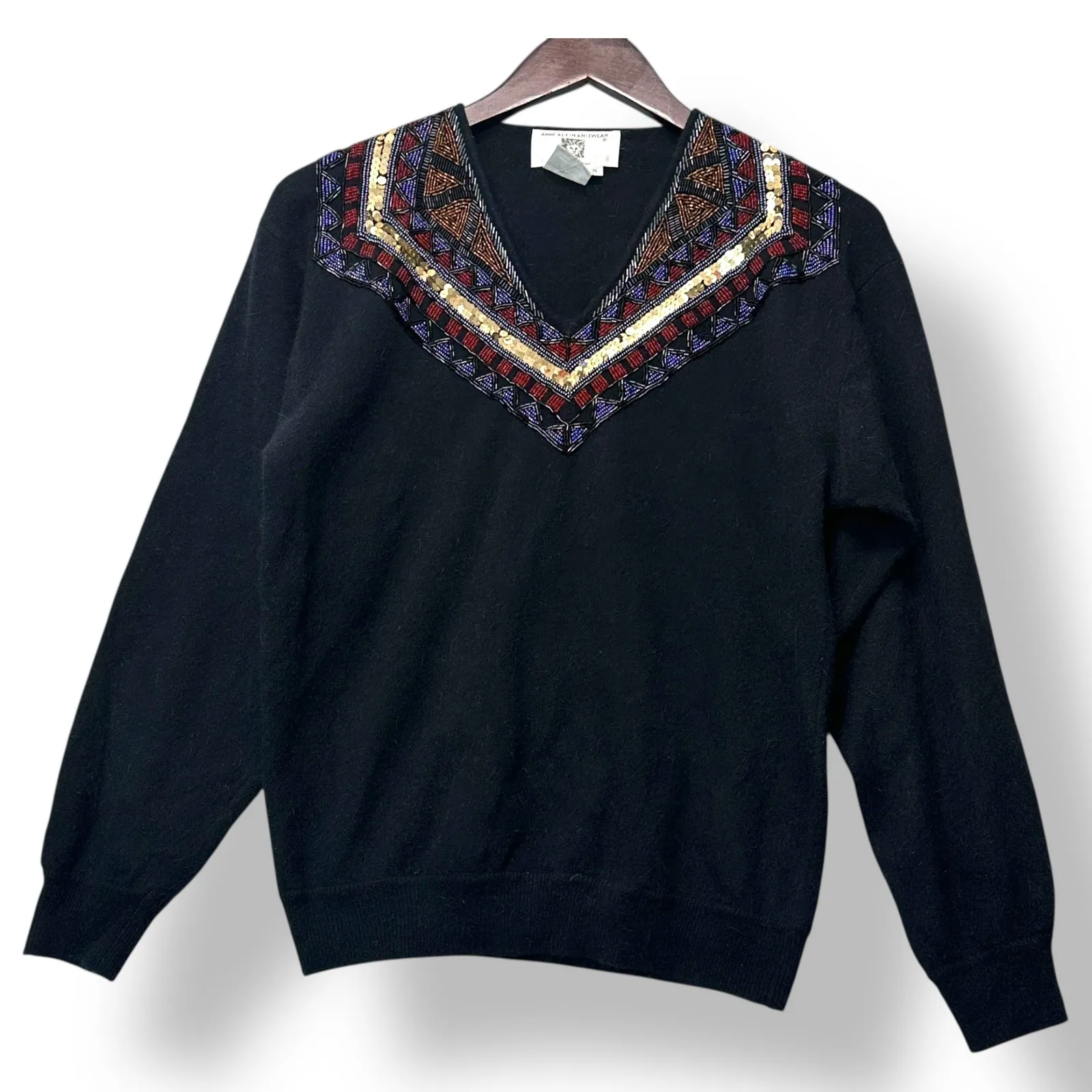 Vtg Anne Klein Womens Vintage Beaded Angora Wool Sweater Small Black Boho Glam - Image 2