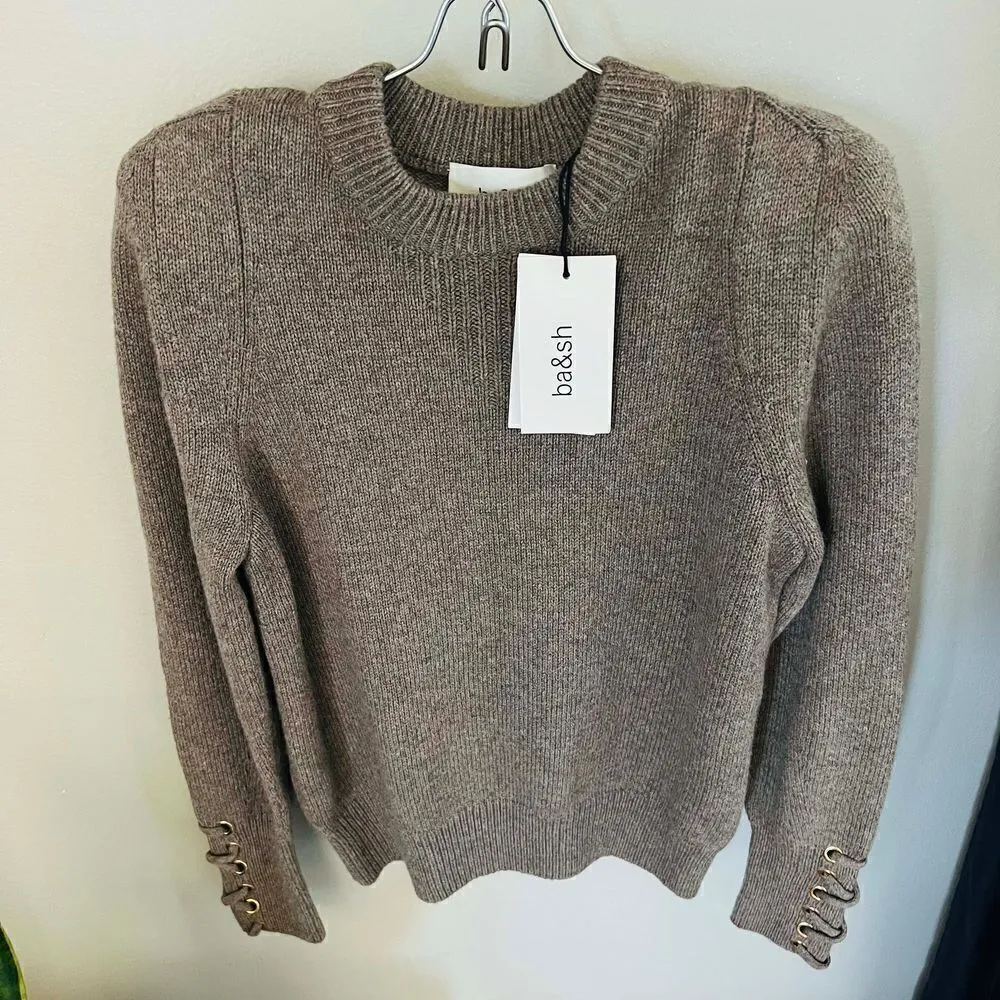 BA&SH Keane Lace-Up Cuff Wool & Cotton Sweater, Tan, Size Small, DESIGNER, NWT - Image 11