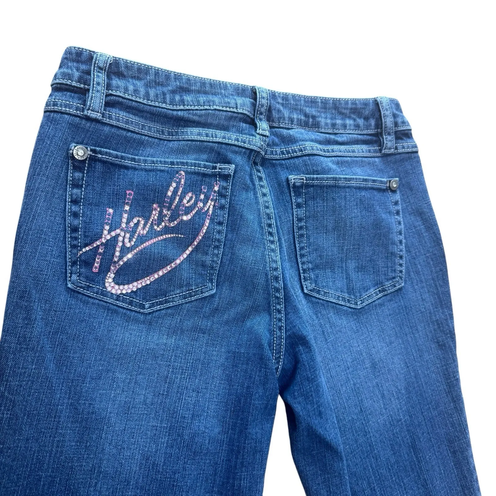 Harley Davidson Women's Rhinestone Embellished Denim Jeans Bootcut Biker Size 6 Blue - Image 4