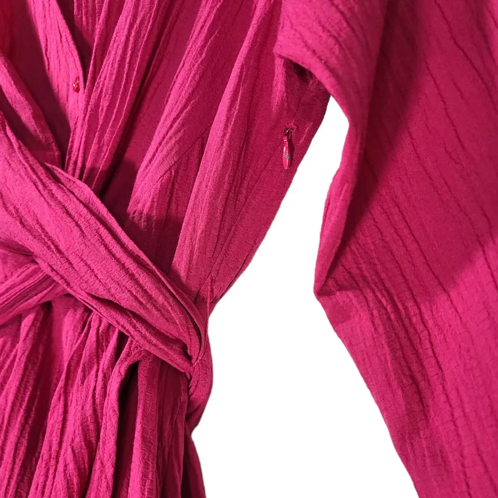 Zara Belted Wrap Long Sleeve Gauzy Mini Dress in Fuchsia Pink - Image 9