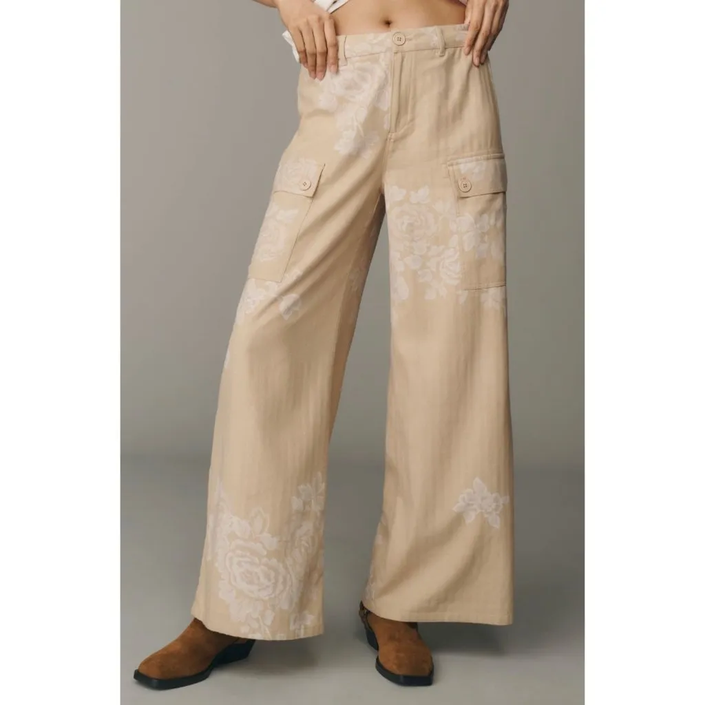 Anthropologie Floral Printed Wide-Leg Pants Beige Size 12 - Image 3