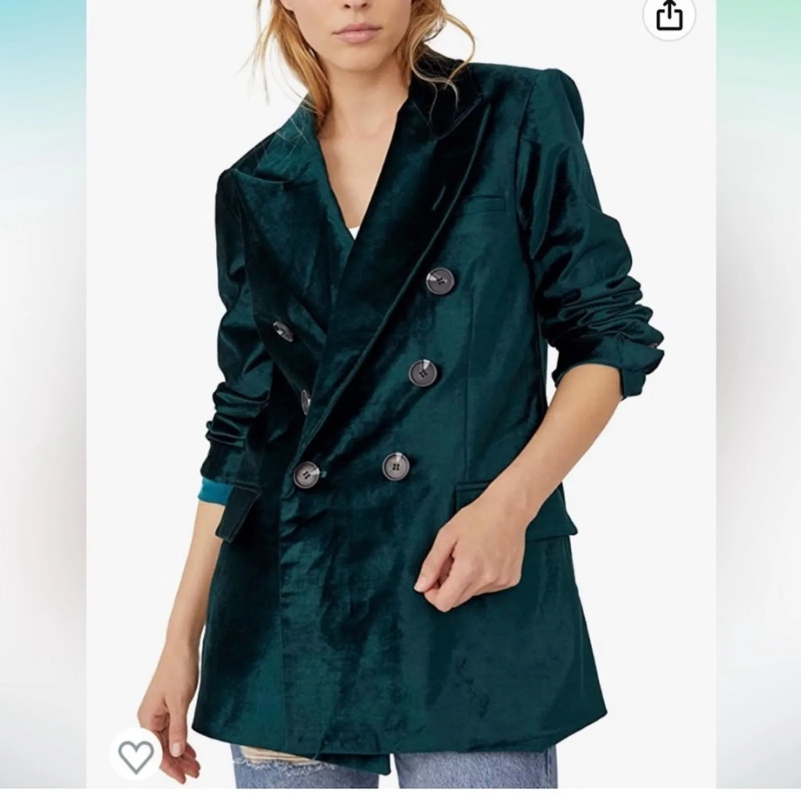 Free People Ashby velvet jade green double breasted blazer size s date concert - Image 3