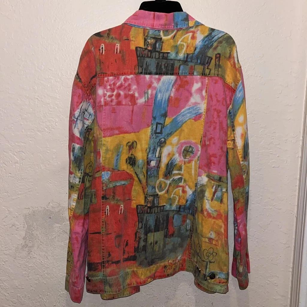 Vintage Chico’s Tie Dye Abstract Art Colorful Pastel  Denim Jacket Jean Jacket - Image 4