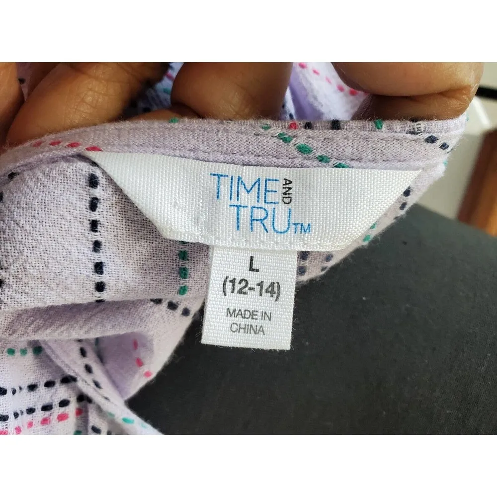 Time & Tru Women's Multicolor 100% Cotton 3/4 Sleeve V-Neck Blouse Size Large - Image 8