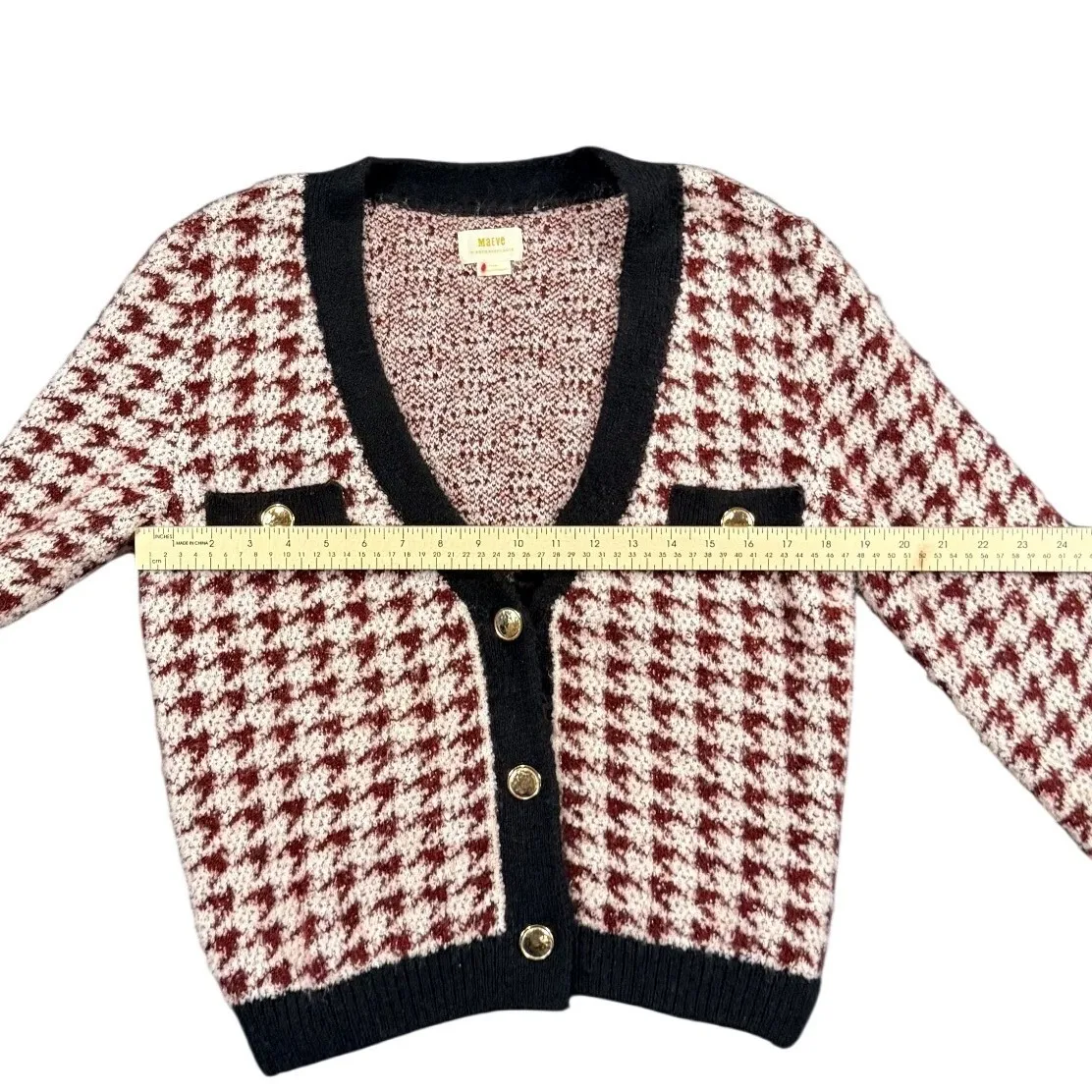 Maeve Anthropologie Houndstooth Cardigan Gold Button Black Trim Preppy Size xs - Image 4