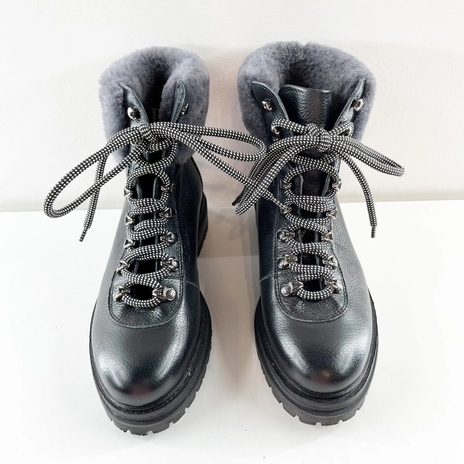M Gemi Alpi Lace Up Ankle Combat Boots Shearling Faux Fur Trim Black 7.5 - Image 5
