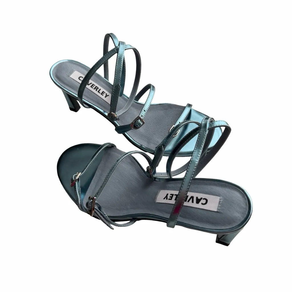 NEW ANTHROPOLOGIE CAVARLEY Double Ankle Strap Metallic Blue Heels Sandals Sz 39 - Image 4