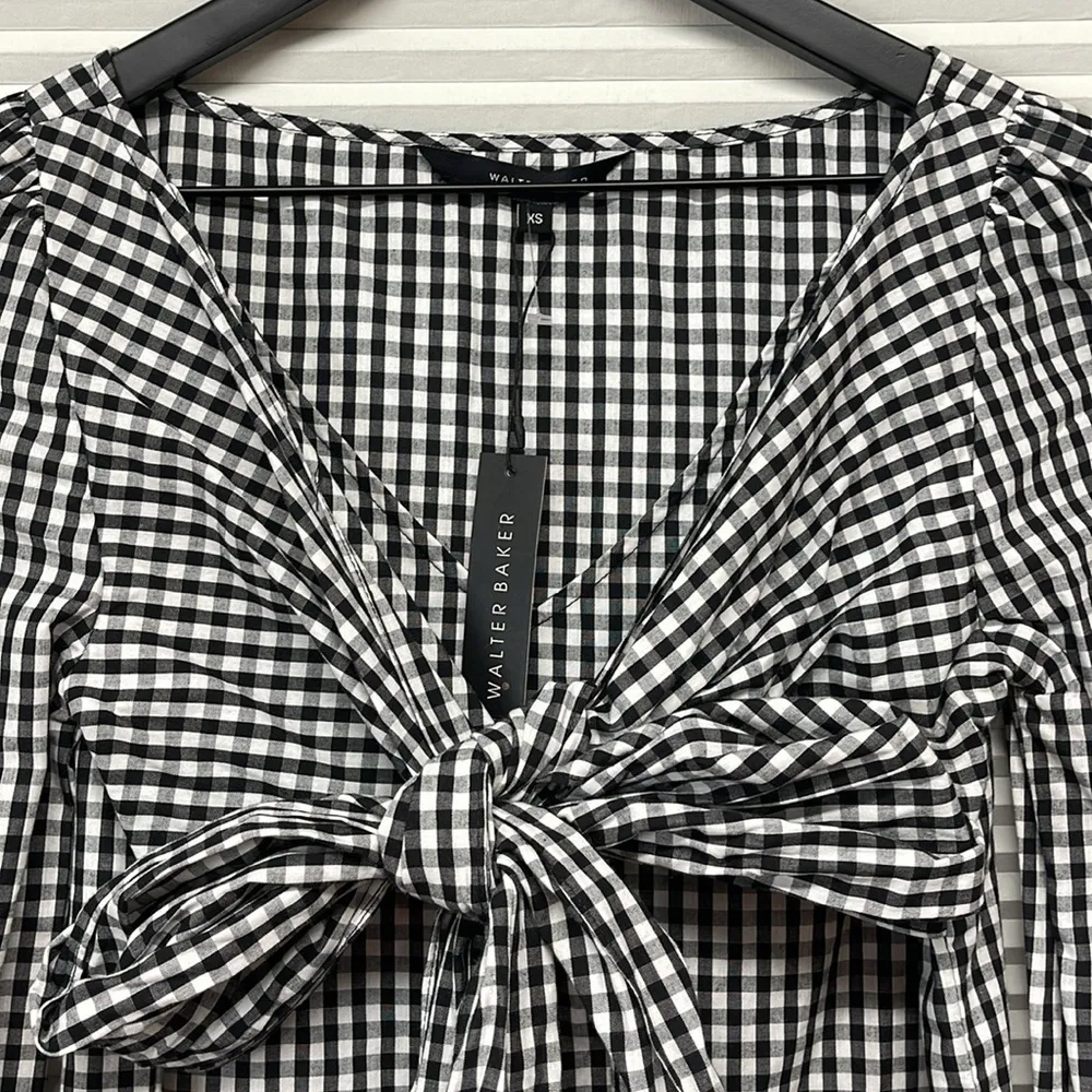 Walter Baker NWT Katherine Black and White Gingham Tie Front Long Sleeve Top - Image 6