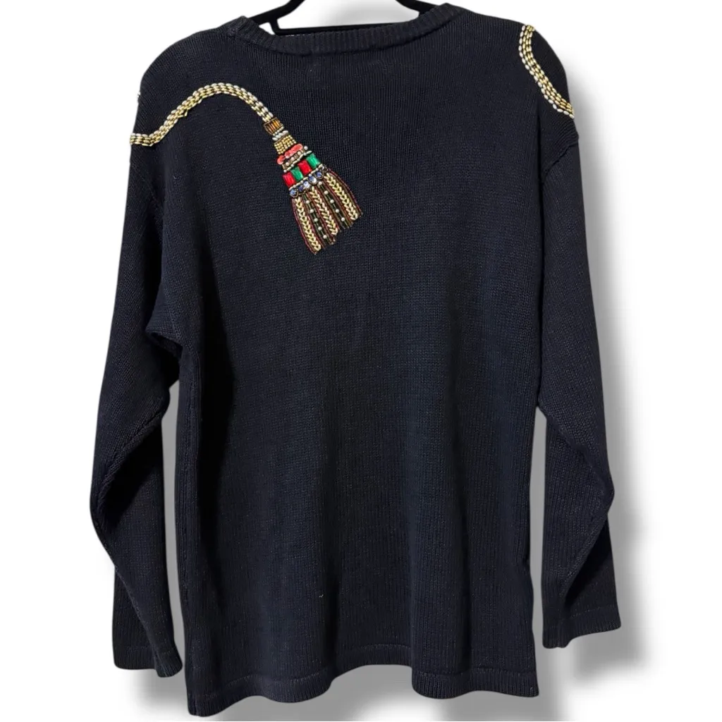 Vintage Victoria Harbour women’s medium holiday tasseled sweater beaded sequin Black - Image 3