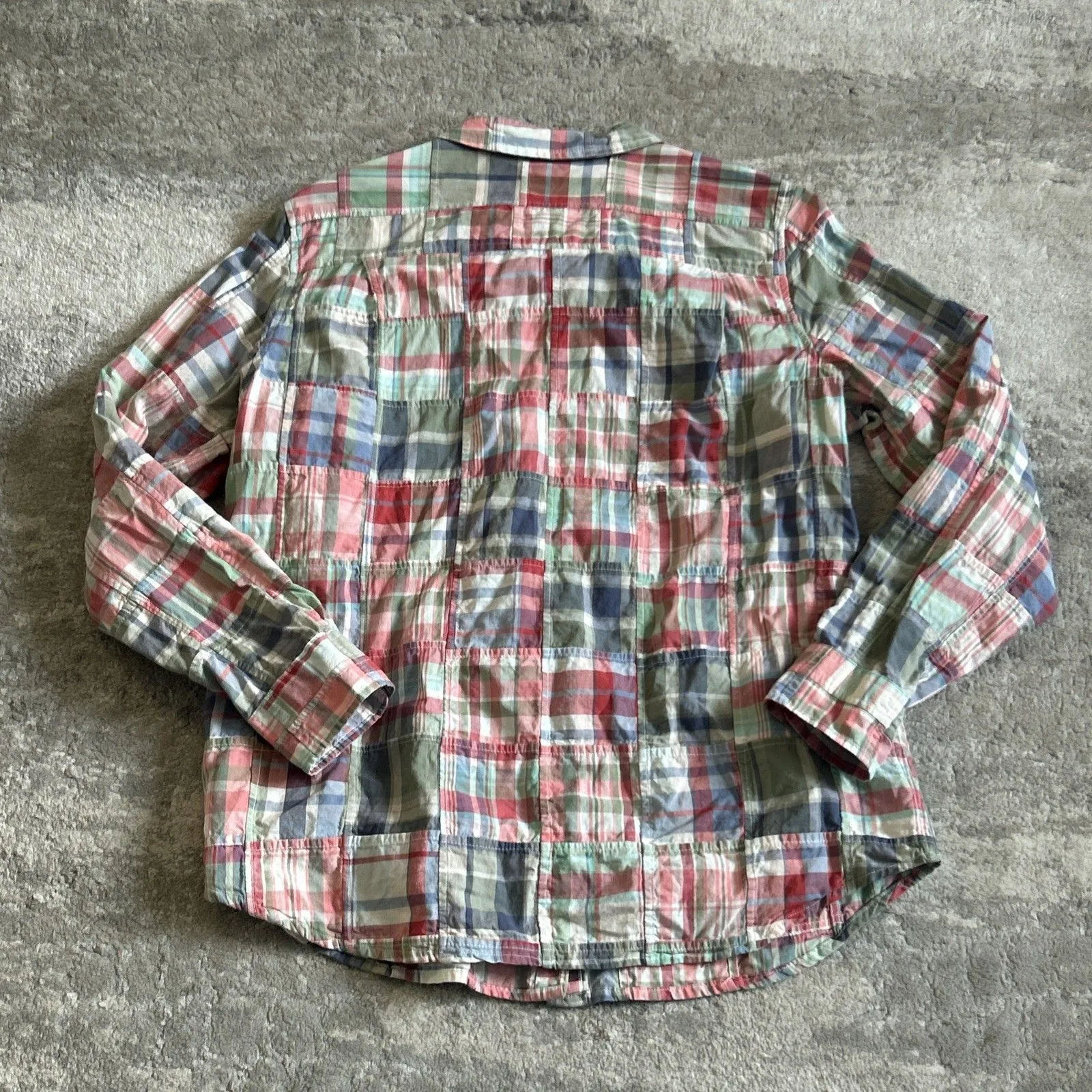 LL Bean Shirt Womens Small Roll Tab Long Sleeve Madras Plaid Patchwork Top Red - Image 6