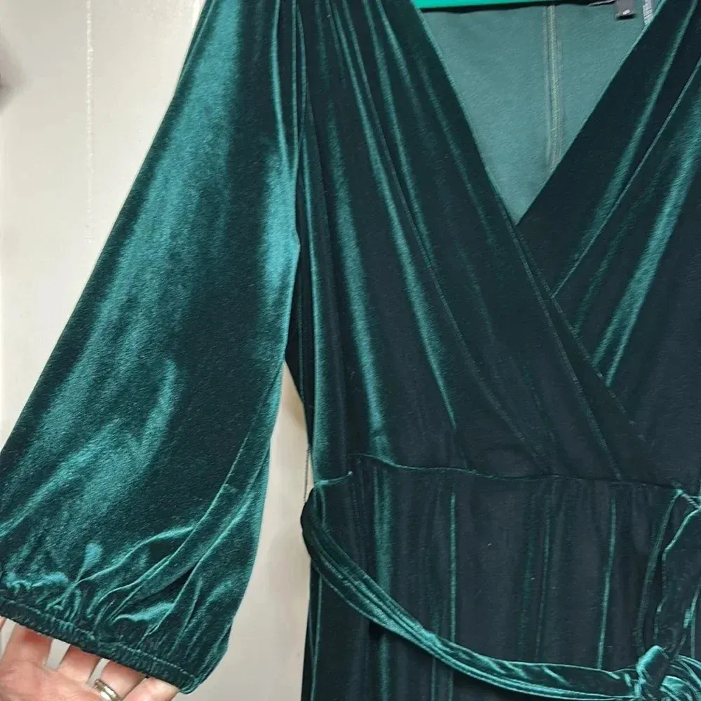 Womens Velvet Faux Wrap Midi Dress Size 16 Emerald Green Long Sleeve - Image 13
