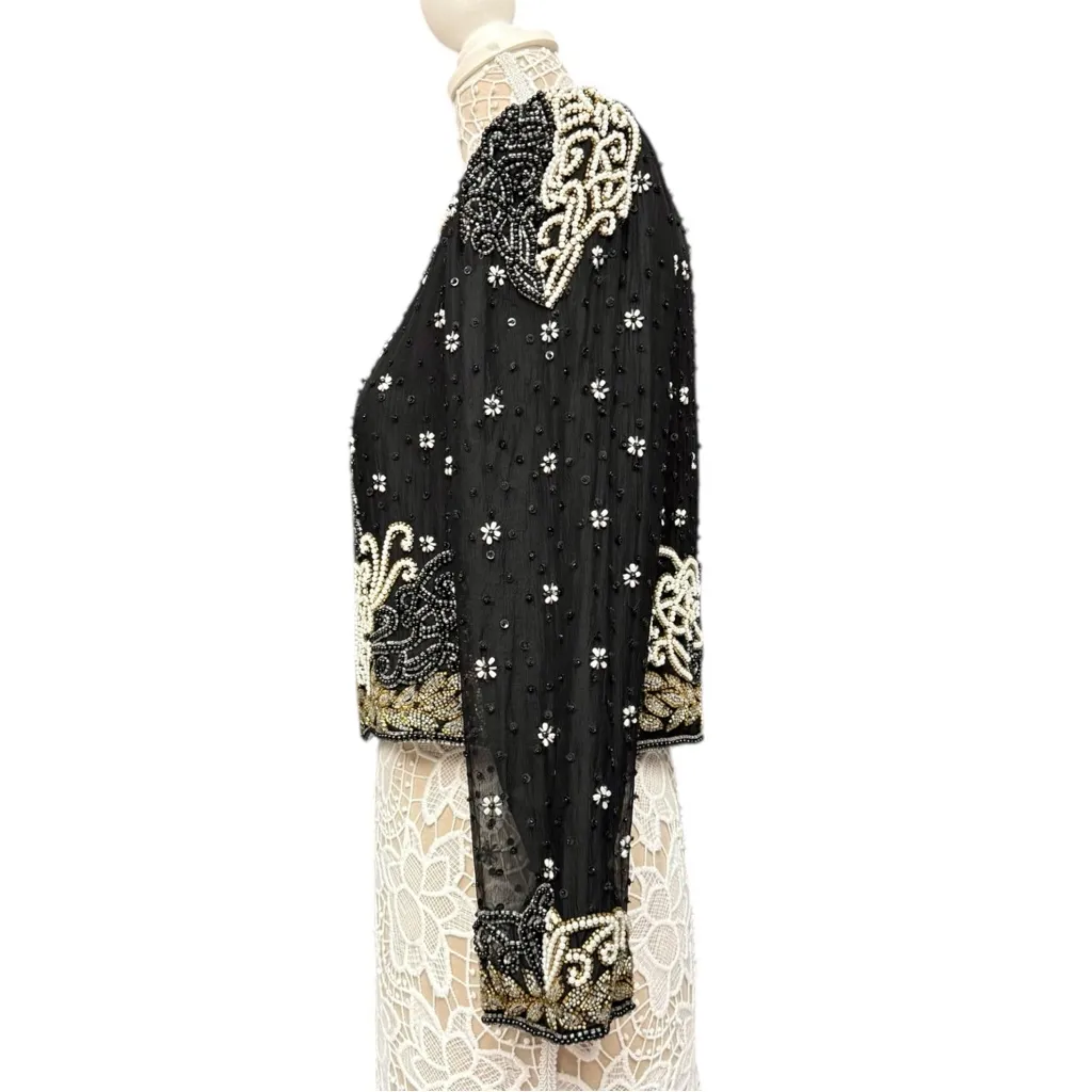 Vintage Night Vogue Black Beaded Embellished Cropped Silk Jacket Size Medium - Image 2