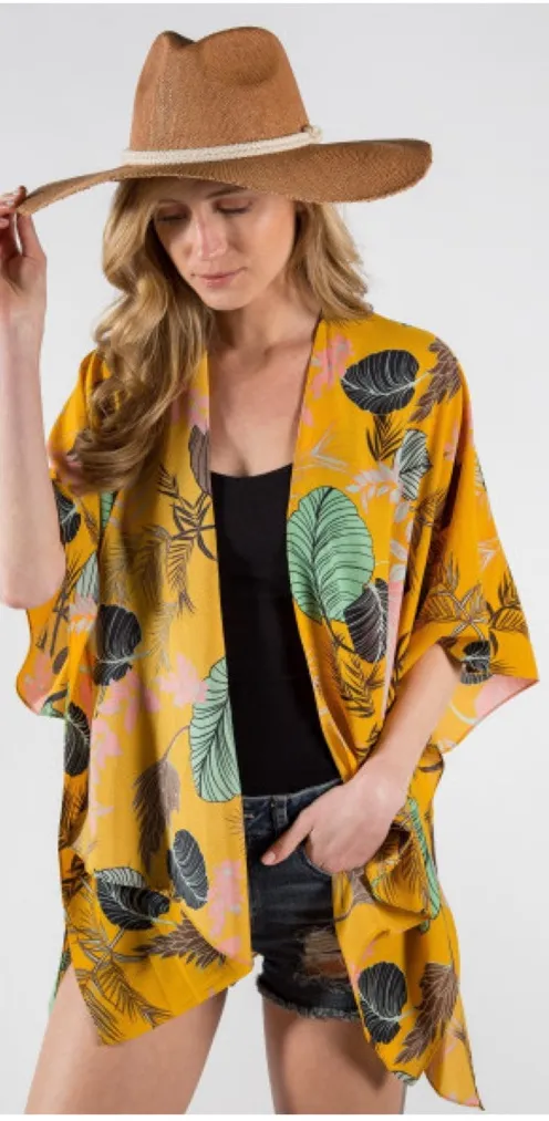 Do Everything in Love Mustard Tropical Leaf Kimono Boho Cover Up One Size - Image 1