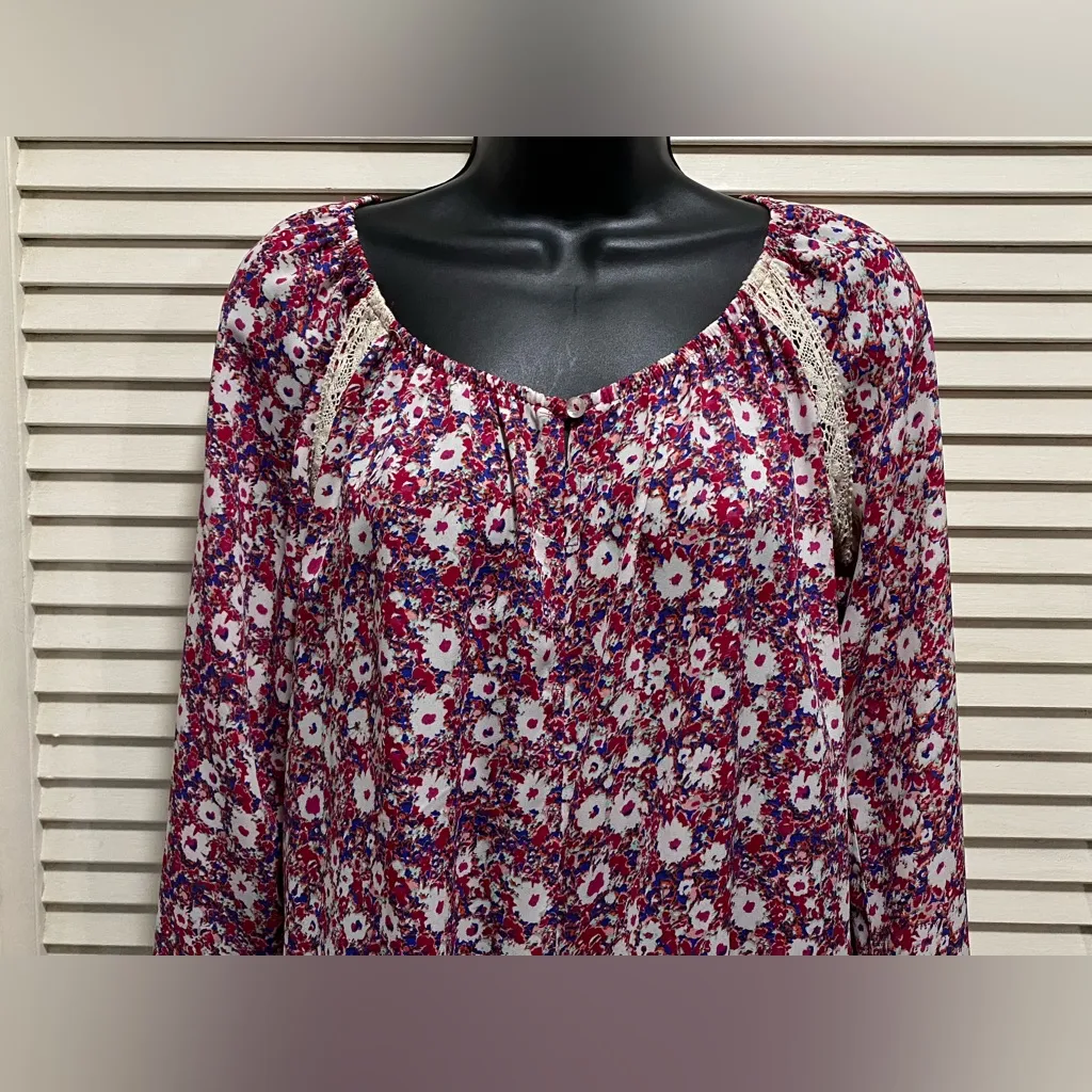 Self Esteem Pink White Blue Floral Long‎ Sleeve Crochet Tie Waist Blouse Size M - Image 2