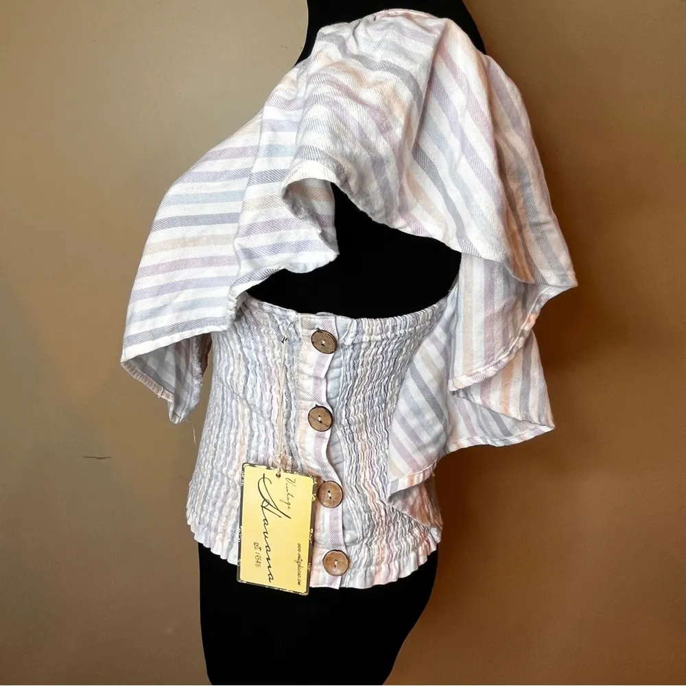 Vintage Havana Pastel Striped Shirred Waist Ruffle crop Top Size M Smocked White Size M - Image 4