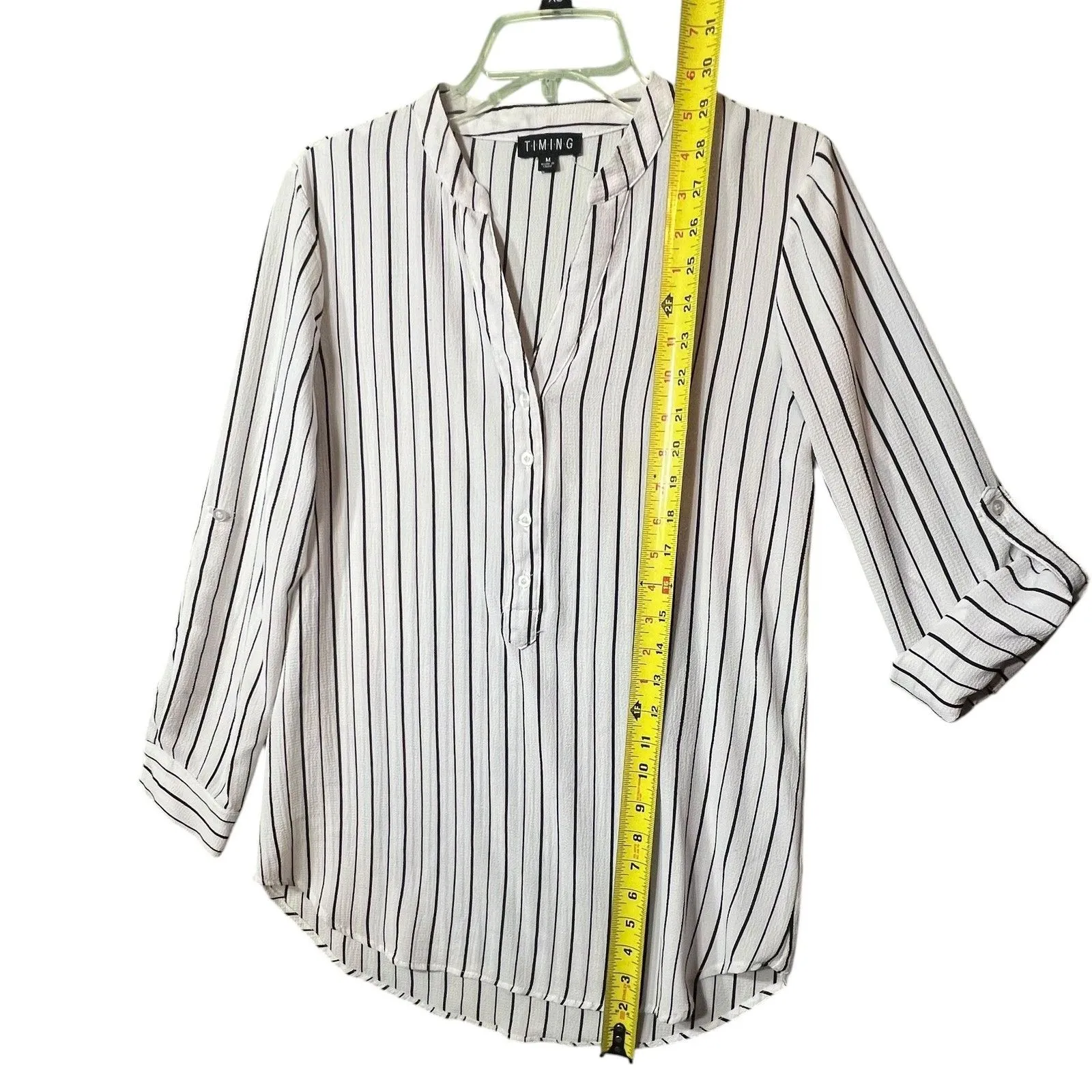 Timing Shirt Womens Medium White Black Striped Split Neck Roll Tab Sleeve Tunic - Image 5