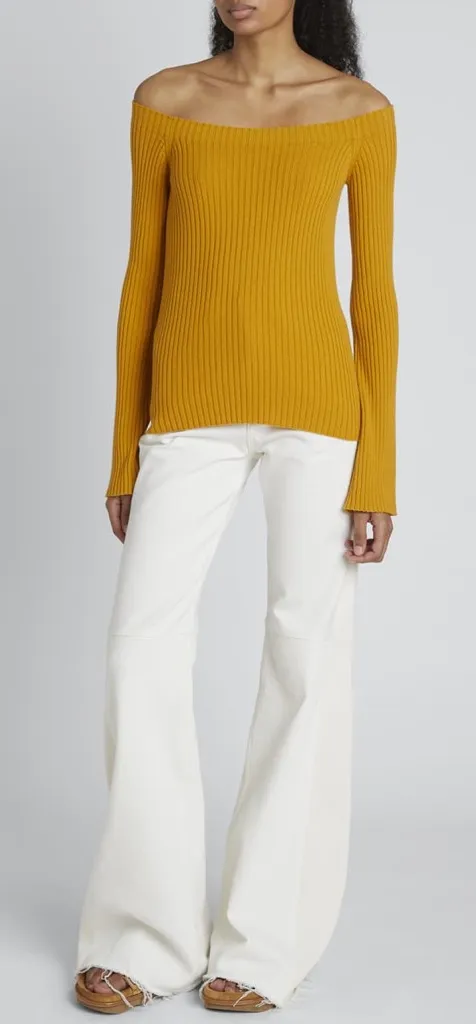 CHLOÉ Off-The-Shoulder Rib Wool Cashmere Sweater Sunlit Yellow M NWOT Bergdorf - Image 1