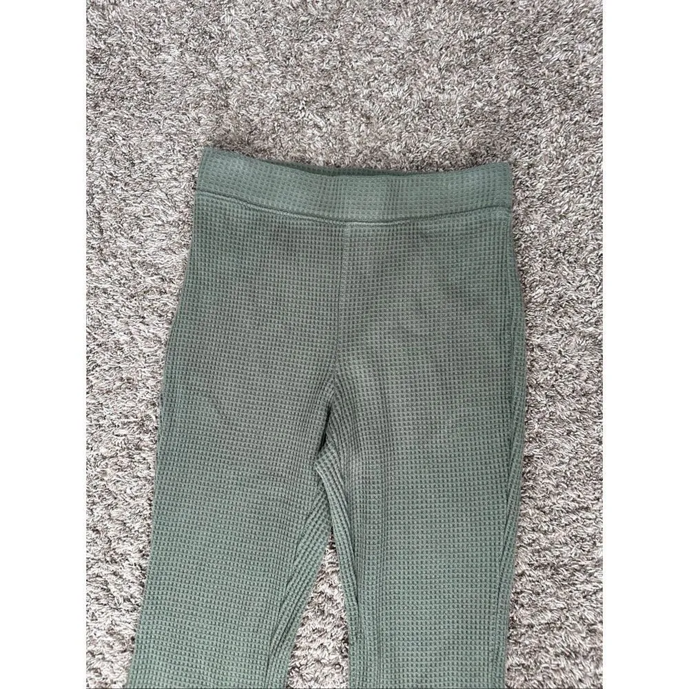 Aerie Waffle Knit High Waisted Flare Leg Pants Green Pull on Cozy S Long - Image 9