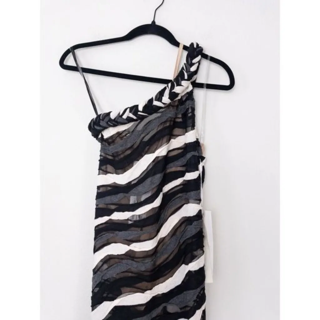 Bronx and Banco x REVOLVE Itza One Shoulder Dress S Black Striped Sheer Braided - Image 8