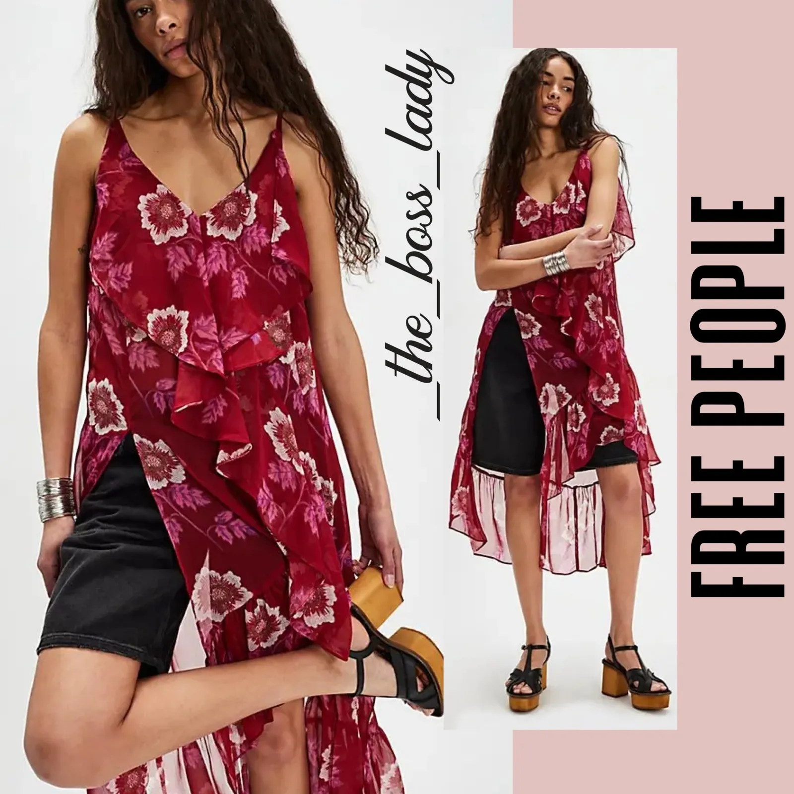 Free People dress or maxi top floral sheer slip ruffled strappy slit boho Small - Image 8