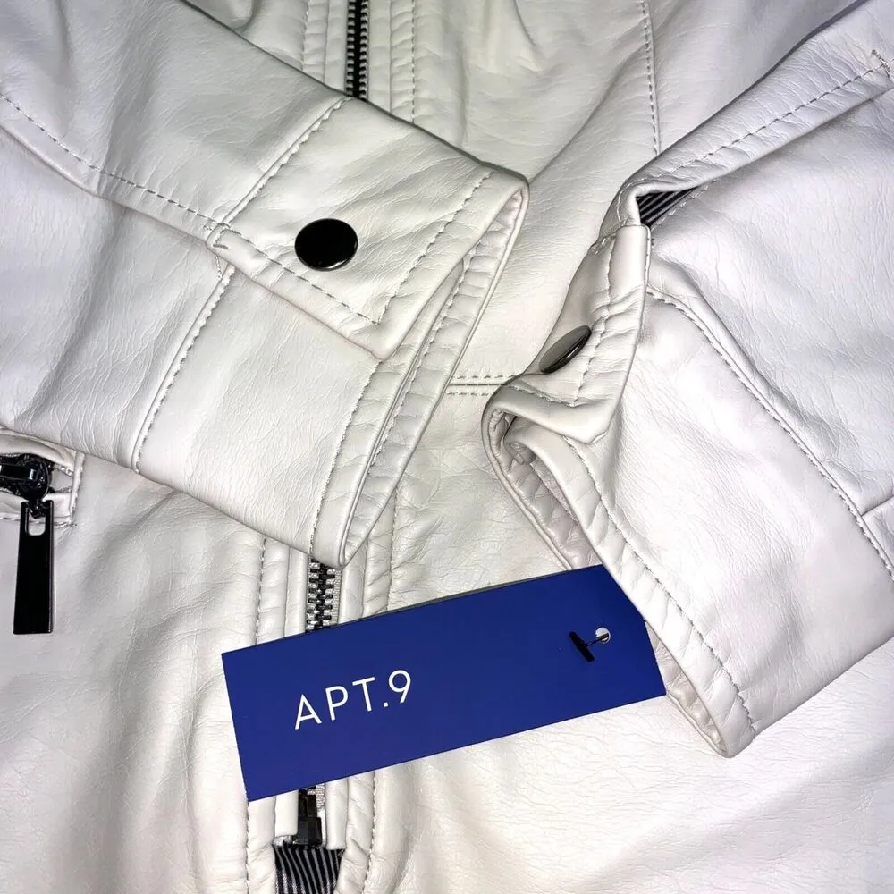 Apt 9 Womens Jacket Coat Faux Leather Quilted Moto Biker Ivory Small - Image 11