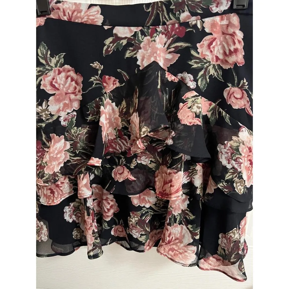 Revolve Bardot Skirt XS Black Floral Ruffled Mini Tiered Trim Chiffon Lined - Image 6