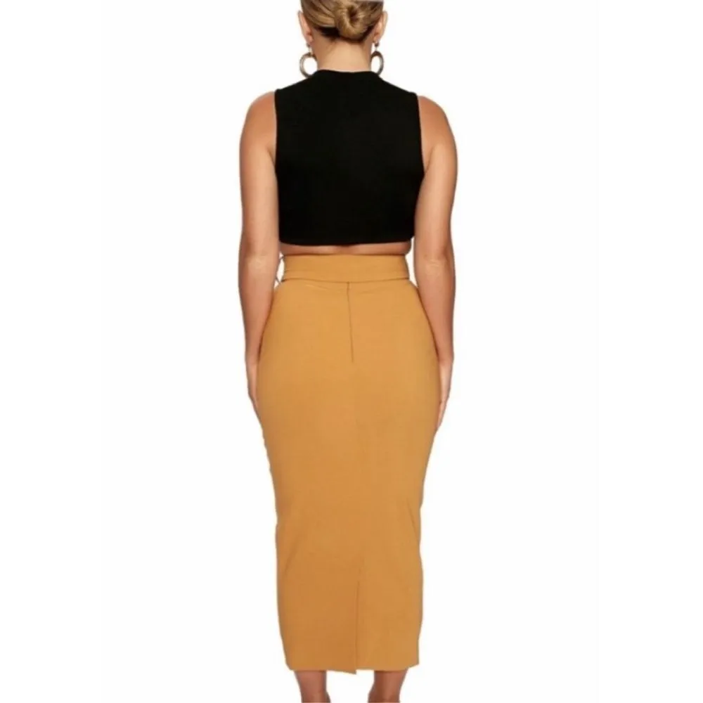 Naked Wardrobe Midi Skirt Small Tan High Waisted Pencil Straight Skirt No Belt - Image 2