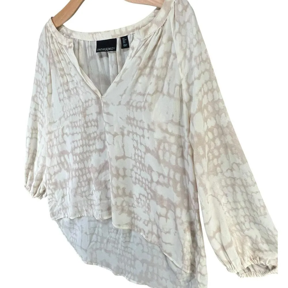 Cynthia Rowley Blouse Womens L Cream Abstract 3/4 Peasant Hi Low Popover Top - Image 2
