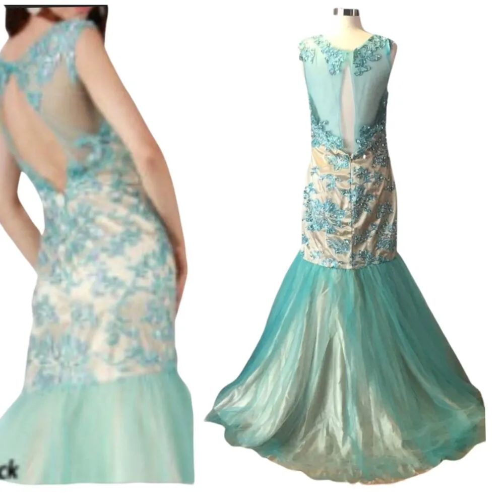 FORMAL GOWN Mermaid Embellished Aqua/Nude Tulle Skirt Ilusion Mesh Beaded Neck Size M - Image 4