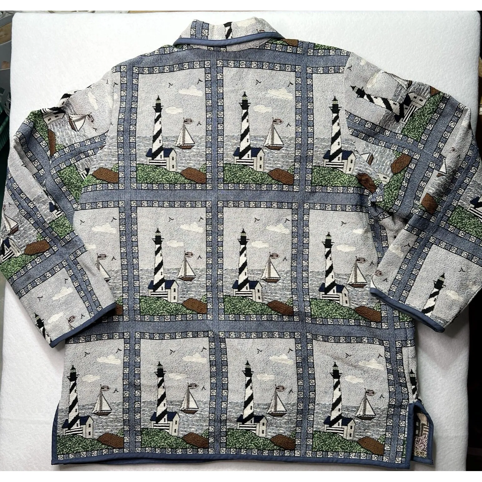 Blair Tapestry‎ Jacket Lighthouse coastal Nautical Print Button Front 2XL - Image 2