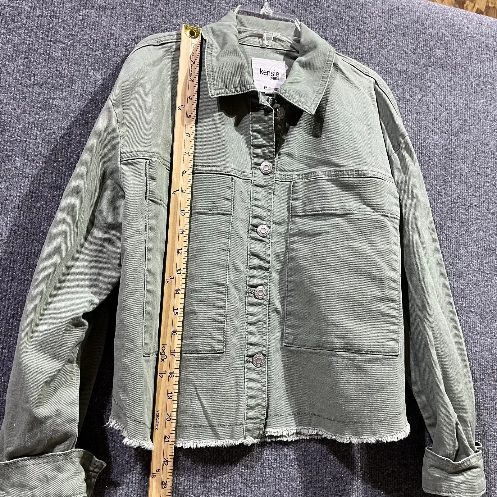 Kensie Jeans Trucker Jacket Womens M Olive Green Denim Cotton Stretch Frayed Hem Size M - Image 6