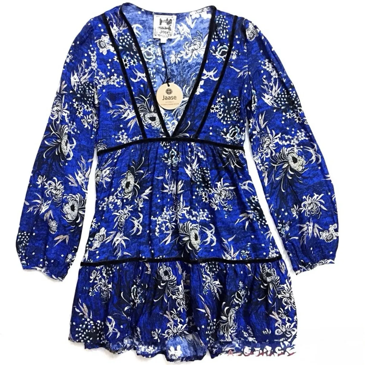 NWT Jaase Blue Floral Long Sleeve Tiered Boho Jessie Dress Size LARGE‎ - Image 4