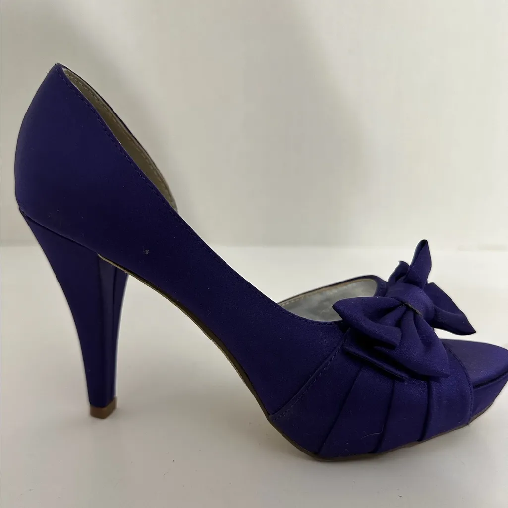 Michelangelo Maribelle Purple/Blue Satin Bow Peep Toe Heels Size 6M Bridal - Image 8
