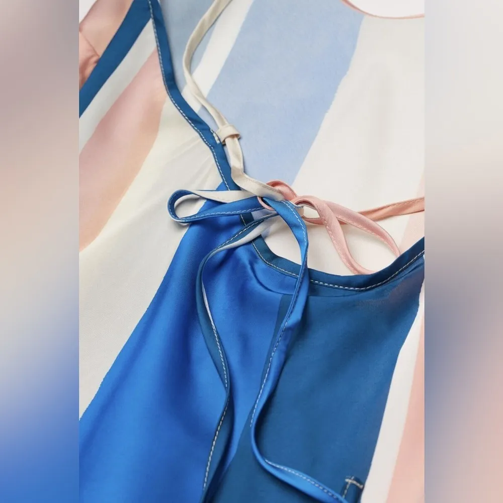 NWT Lemlem H&M Blue Beige Stripe Slip Satin Midi Dress Size L - Image 6