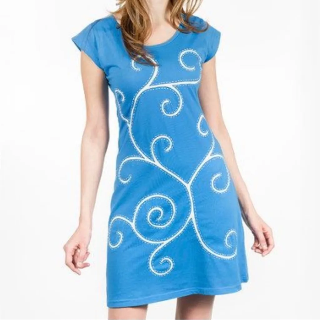 Adria Mode Large Tunic Dress Teal Organic Cotton Lagenlook Spring Squiggly Blue - Image 2