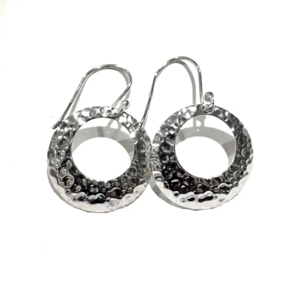 Drop Open Disc Sterling Silver Hammered Finish Circle Earrings - Image 7