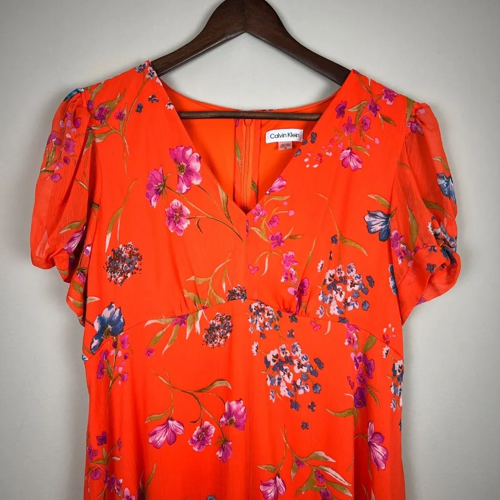 CALVIN KLEIN Dress Womens 14 Orange Floral‎ Chiffon Empire Waist A-Line V-Neck - Image 4