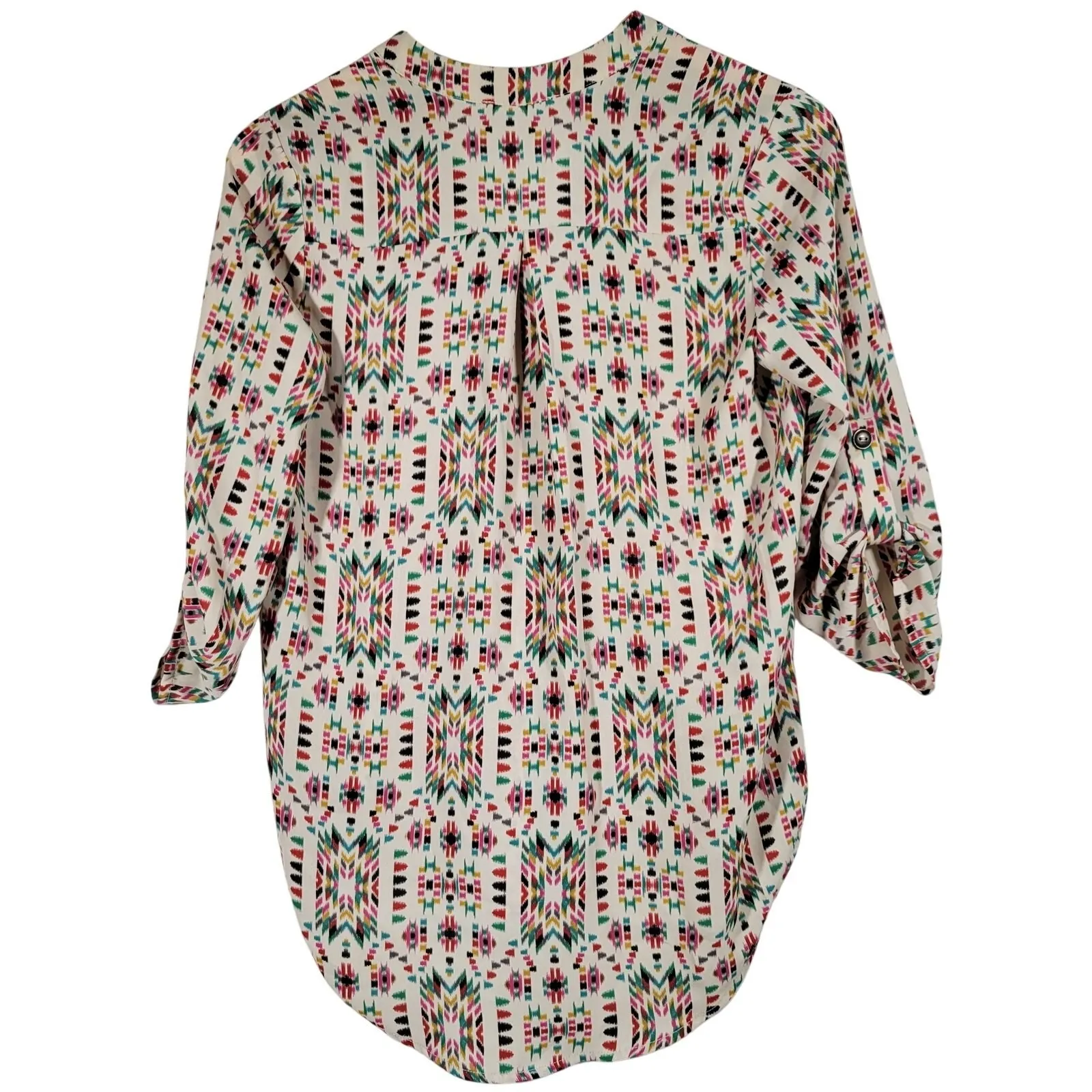 LUSH‎ Womens XS Geometric Print Tunic Shirt Roll Tab Sleeve V Neck Top - Image 2