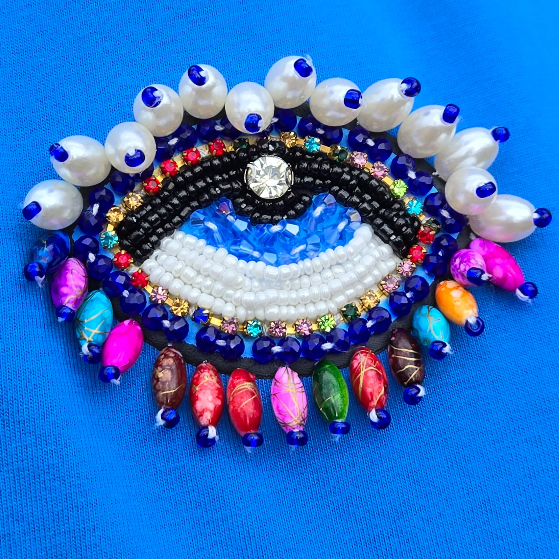 Lizette Collection Evil Eye Tee in royal blue with pearls and rhinestones L Size L - Image 3