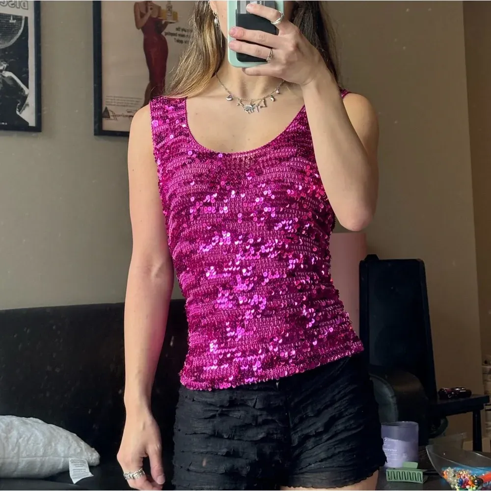Hot Pink vintage y2k viral crochet beaded bead sequin embellished tank top - Image 5