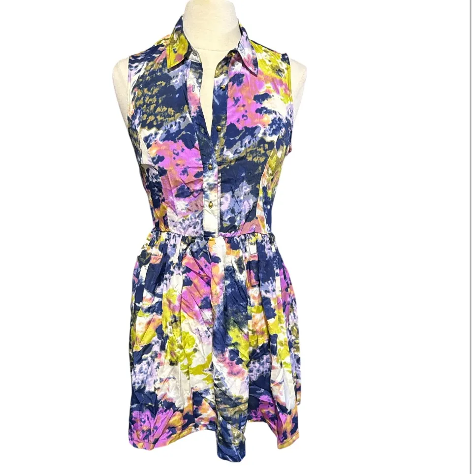 Love Tree Multicolor Abstract Print‎ Button Front Sleeveless Mini Dress Medium - Image 4