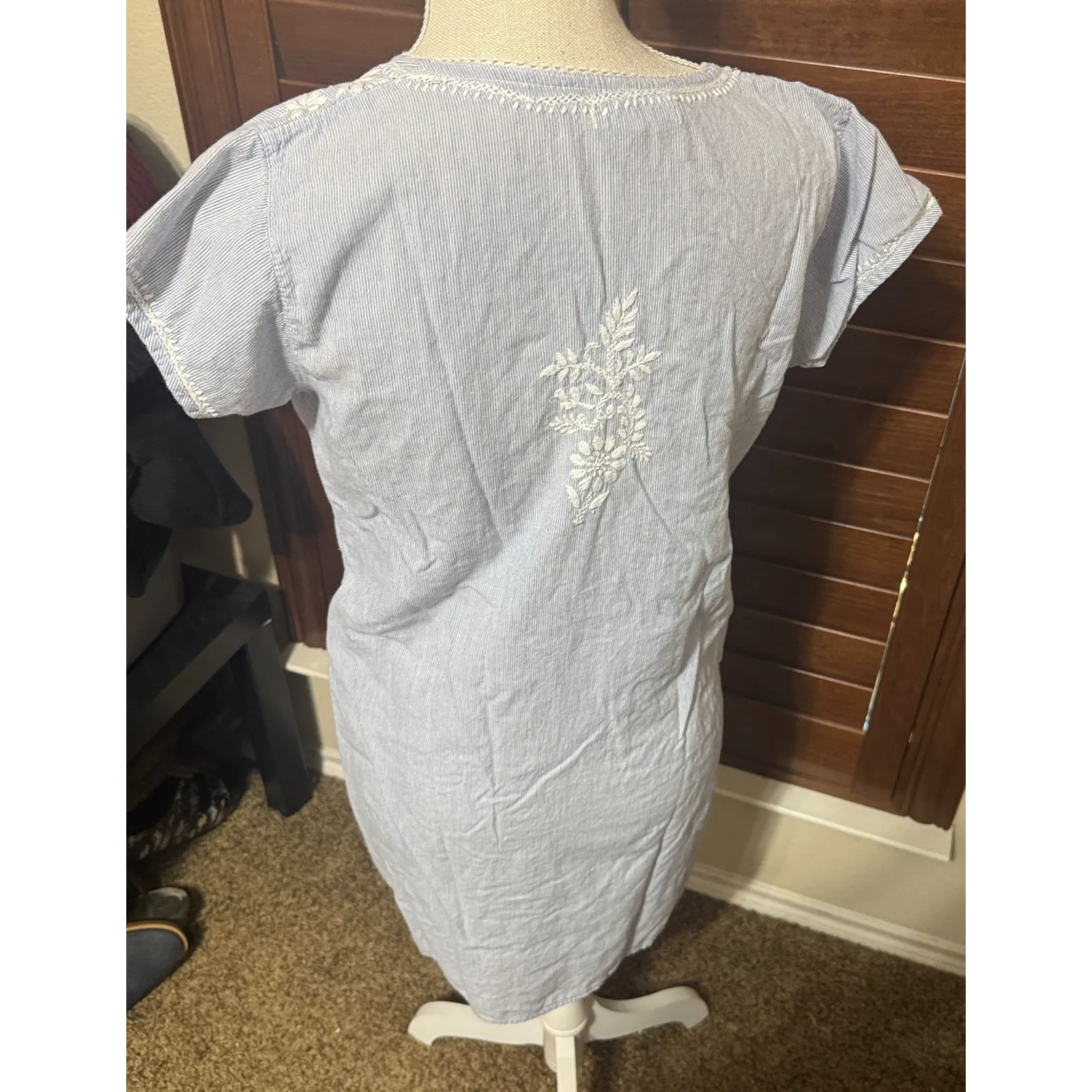 Jayshree Dalal Blue White stripe Peasant Boho Dress Size M Embroidered Cottage M Size M - Image 3