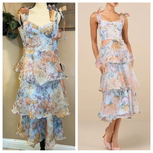 NWT Lulus Playfully Posh Blue Floral Organza Tie - Image 2