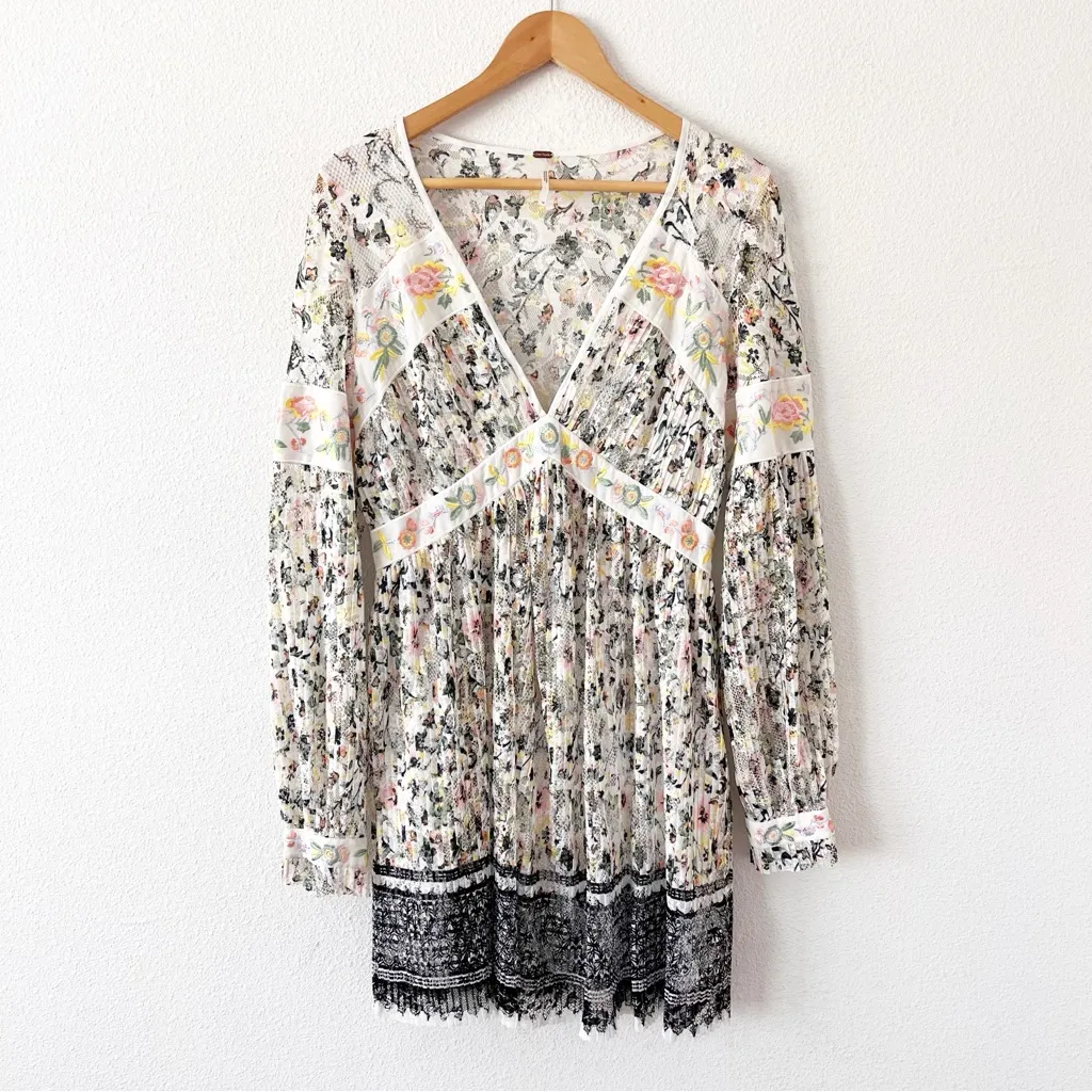 Free People Cherry Blossom Embroidered Lace Mini Dress in Ivory Combo - Image 2