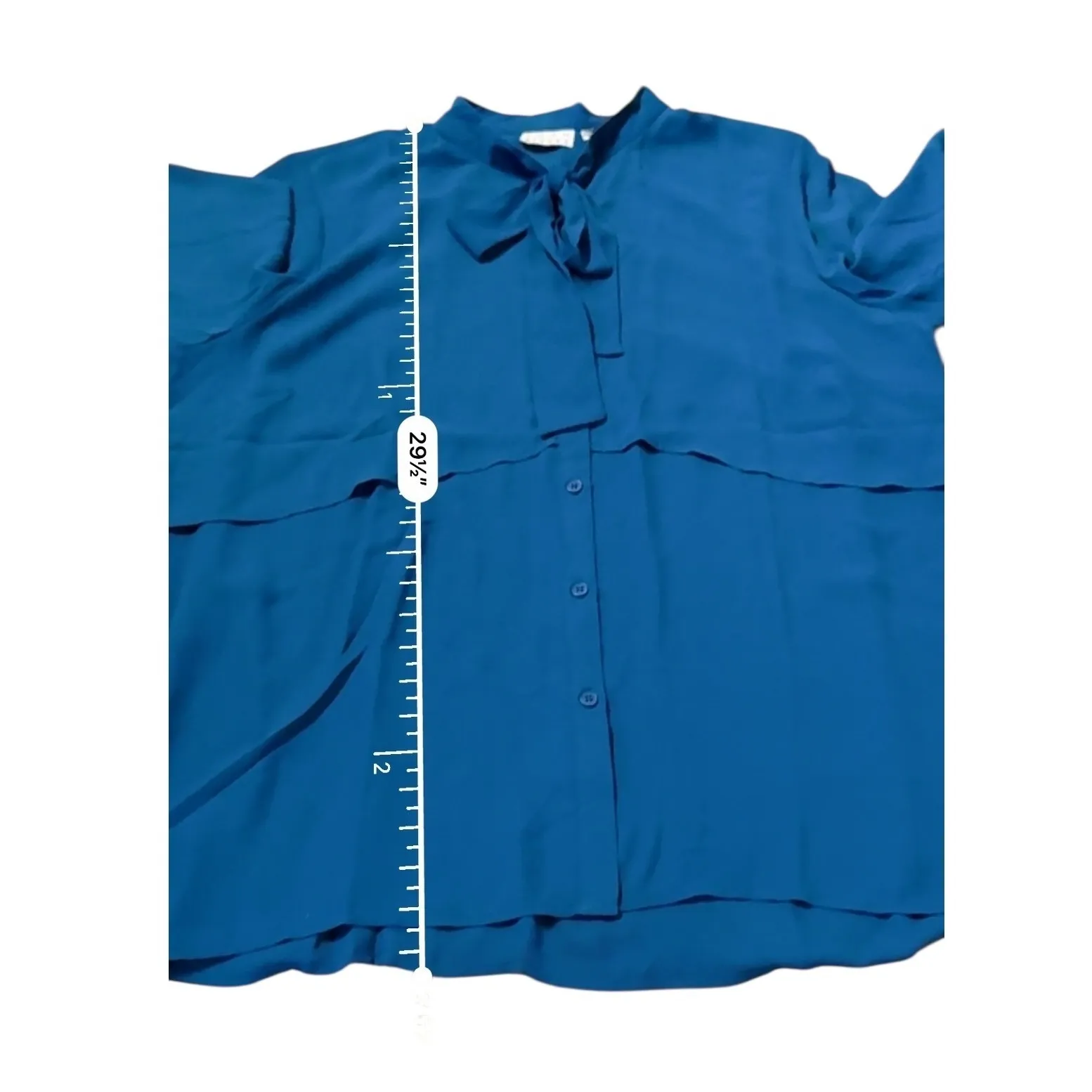 Joan Rivers Bow Neck Blouse Women's XL Blue Button Front Long Sleeve Work - Image 7
