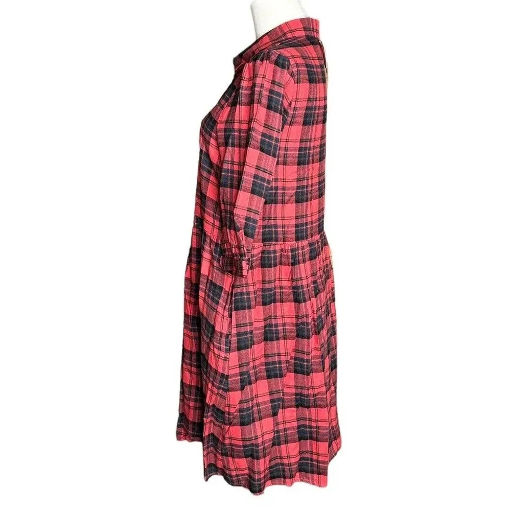 NEW Oddi Kira Red Black Buffalo Plaid Flannel Embroidered Shirt Dress Pockets S - Image 7