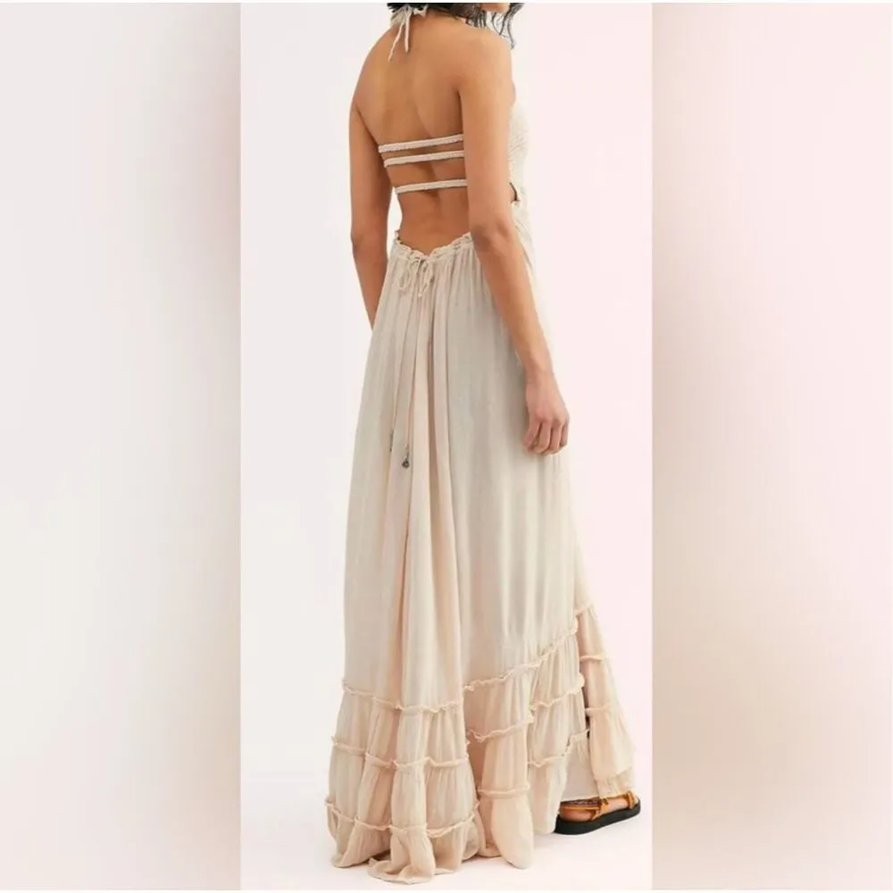 R. VIVIMOS | Summer Cotton Sexy Backless Long Dress Beige Nude Cream | Large - Image 2